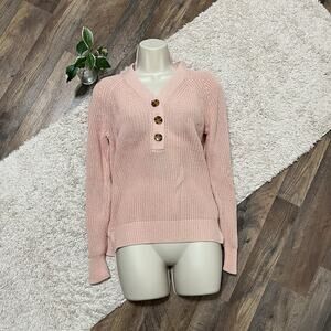 LOFT Size XS Oversized Pink Ribbed V-Neck Henley Pullover 100% Cotton Sweater